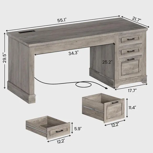 Alt view image 2 of 7 - Executive Office Desk with 3 Drawers, Farmhouse 55" Computer Desk with Storage File Drawers & Power Outlet for Home Office, Grey