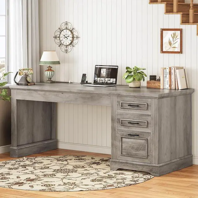 Alt view image 3 of 7 - Executive Office Desk with 3 Drawers, Farmhouse 55" Computer Desk with Storage File Drawers & Power Outlet for Home Office, Grey