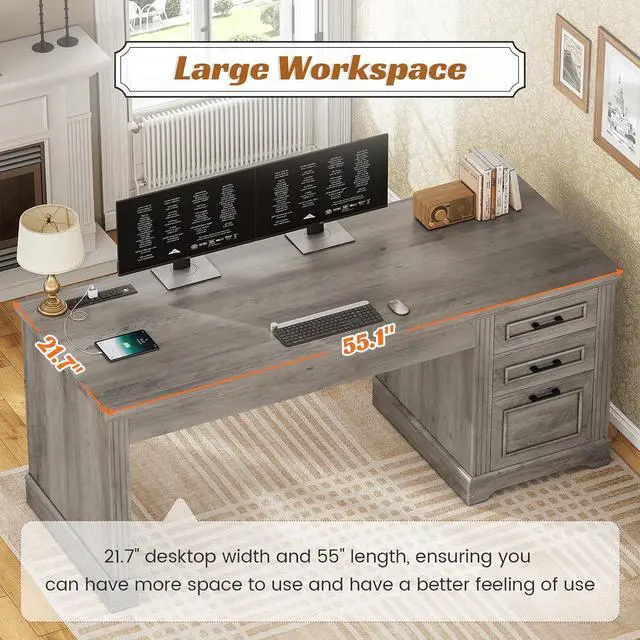 Alt view image 6 of 7 - Executive Office Desk with 3 Drawers, Farmhouse 55" Computer Desk with Storage File Drawers & Power Outlet for Home Office, Grey