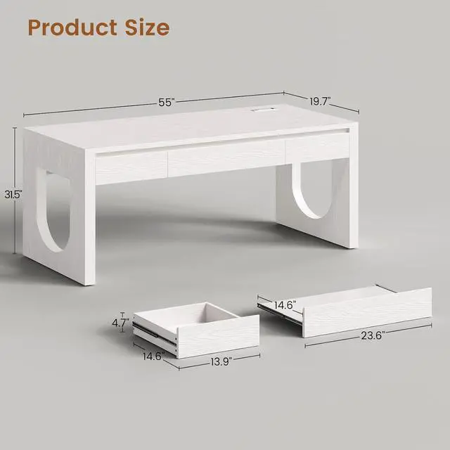 Alt view image 2 of 7 - 55" Office Desk with 3 Drawers, Modern Executive Desk with U-Shaped Legs, Wood Computer Desk with Power Outlet, Home Office Desks with Relief Texture, White