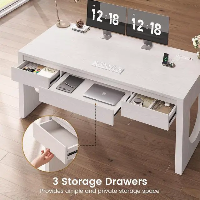 Alt view image 3 of 7 - 55" Office Desk with 3 Drawers, Modern Executive Desk with U-Shaped Legs, Wood Computer Desk with Power Outlet, Home Office Desks with Relief Texture, White
