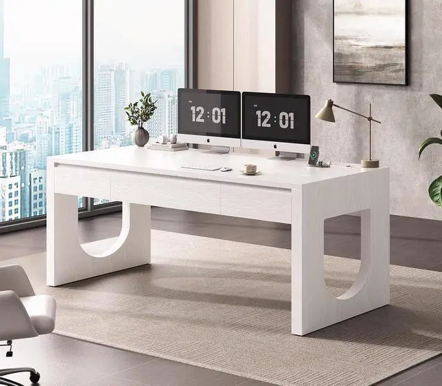 Alt view image 4 of 7 - 55" Office Desk with 3 Drawers, Modern Executive Desk with U-Shaped Legs, Wood Computer Desk with Power Outlet, Home Office Desks with Relief Texture, White