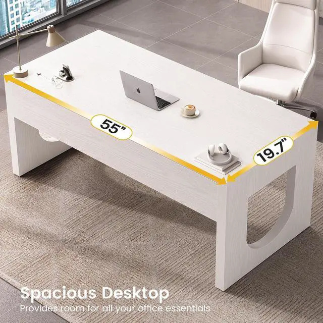 Alt view image 5 of 7 - 55" Office Desk with 3 Drawers, Modern Executive Desk with U-Shaped Legs, Wood Computer Desk with Power Outlet, Home Office Desks with Relief Texture, White