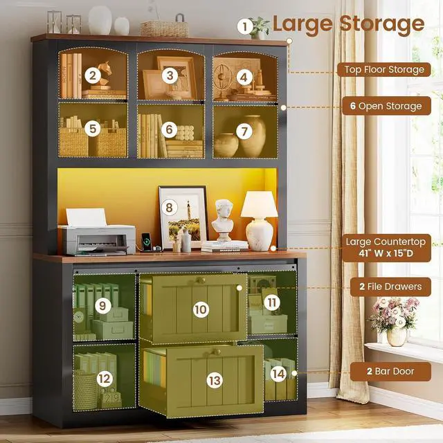 Alt view image 3 of 7 - 2 Drawer File Cabinet with Power Strip, 41 Farmhouse Filing Cabinet fits Legal, Letter, A4 Size Files for Home Office, Printer Stand with Storage Shelf, Bar Door and LED Lights (Black)