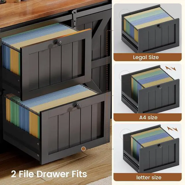 Alt view image 4 of 7 - 2 Drawer File Cabinet with Power Strip, 41 Farmhouse Filing Cabinet fits Legal, Letter, A4 Size Files for Home Office, Printer Stand with Storage Shelf, Bar Door and LED Lights (Black)