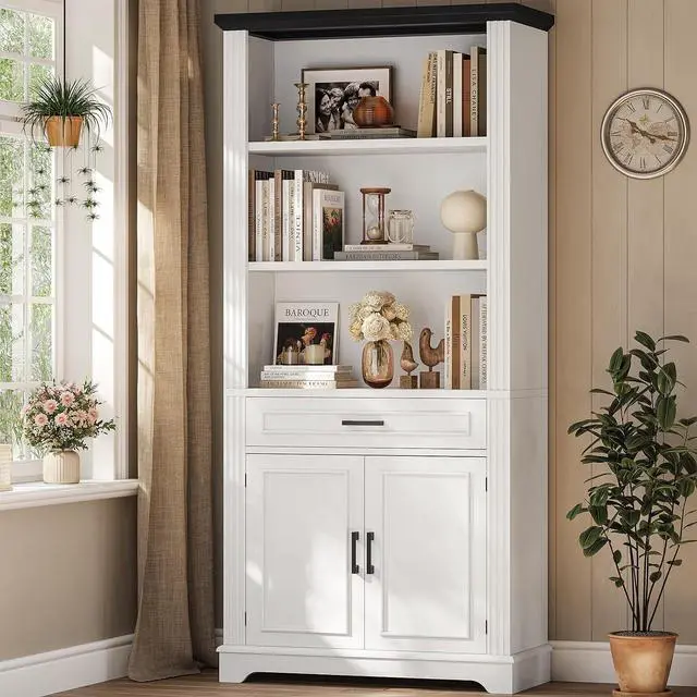 Main image of Farmhouse Bookshelves and Bookcases with Doors and Drawer, Bookshelf with Storage, Floor Standing 6 Shelf Display Storage Shelves 70 in Tall Bookshelf for Home Office, Living Room, White