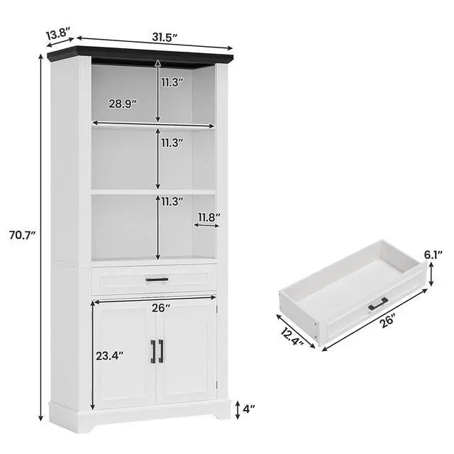 Alt view image 2 of 7 - Farmhouse Bookshelves and Bookcases with Doors and Drawer, Bookshelf with Storage, Floor Standing 6 Shelf Display Storage Shelves 70 in Tall Bookshelf for Home Office, Living Room, White
