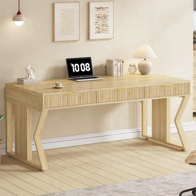 Alt view image 3 of 7 - 55" Executive Office Desk with 3 Drawers, Home Office Desk with Storage Drawers, Computer Writing Desk Study Table, Natural Oak