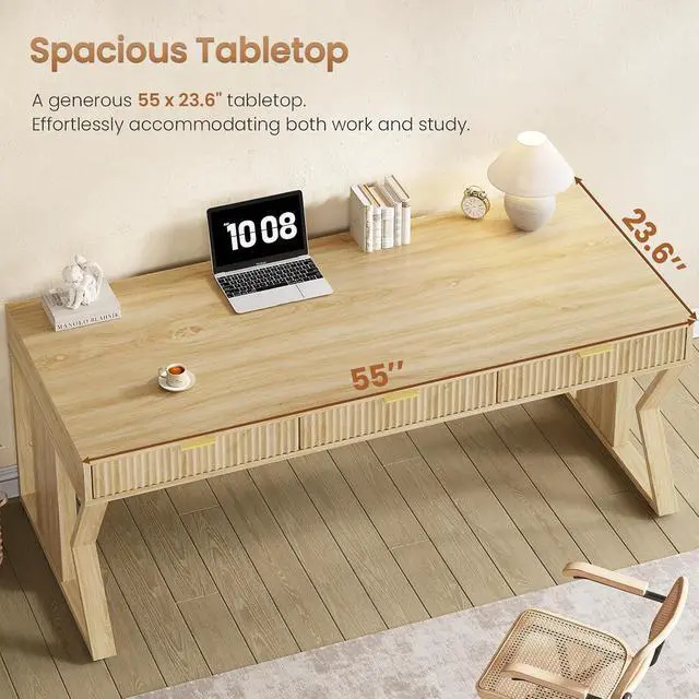 Alt view image 5 of 7 - 55" Executive Office Desk with 3 Drawers, Home Office Desk with Storage Drawers, Computer Writing Desk Study Table, Natural Oak