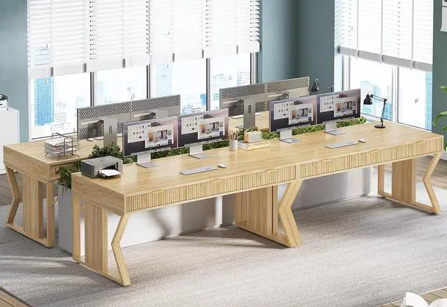 Alt view image 7 of 7 - 55" Executive Office Desk with 3 Drawers, Home Office Desk with Storage Drawers, Computer Writing Desk Study Table, Natural Oak