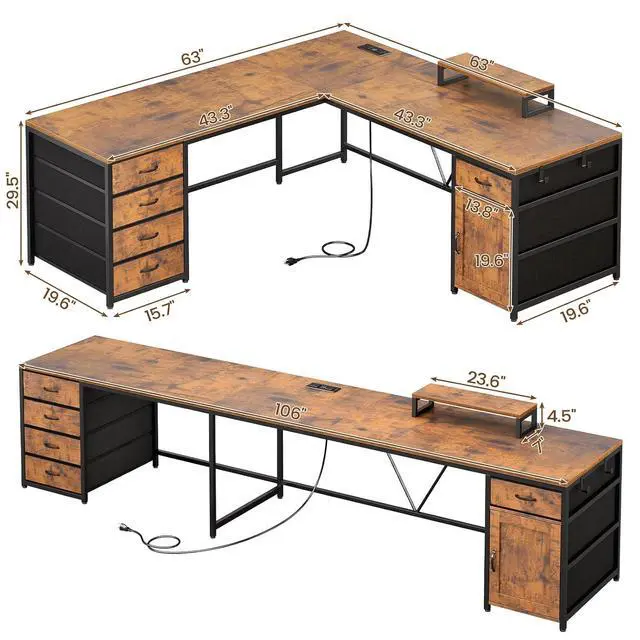 Alt view image 2 of 7 - L Shaped Desk, 63'' Corner Desk with 5 Drawer & Power Outlet, Larger Home Office Desk or Gaming Desk, L Shaped Corner Desk with Monitor Shelf, Storage Cabinet, Rustic Brown