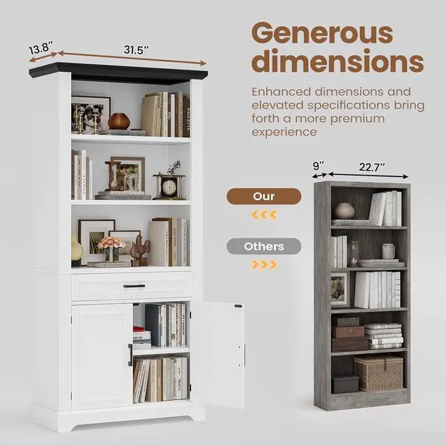Alt view image 4 of 7 - Farmhouse Bookshelves and Bookcases with Doors and Drawer, Bookshelf with Storage, Floor Standing 6 Shelf Display Storage Shelves 70 in Tall Bookshelf for Home Office, Living Room, White