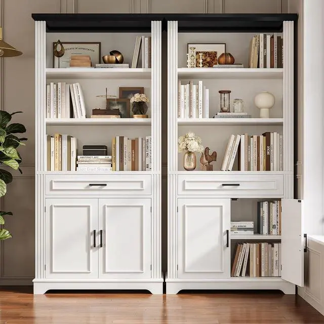 Alt view image 3 of 7 - Farmhouse Bookshelves and Bookcases with Doors and Drawer, Bookshelf with Storage, Floor Standing 6 Shelf Display Storage Shelves 70 in Tall Bookshelf for Home Office, Living Room, White