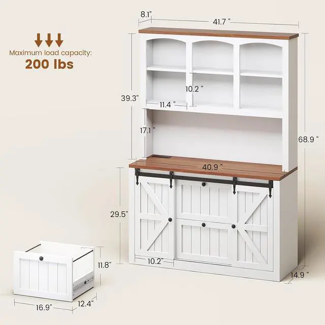Alt view image 2 of 7 - 2 Drawer File Cabinet with Power Strip, 41 Farmhouse Filing Cabinet fits Legal, Letter, A4 Size Files for Home Office, Printer Stand with Storage Shelf, Bar Door and LED Lights, White