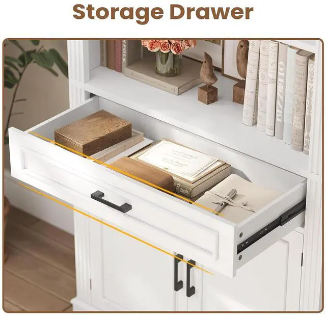 Alt view image 6 of 7 - Farmhouse Bookshelves and Bookcases with Doors and Drawer, Bookshelf with Storage, Floor Standing 6 Shelf Display Storage Shelves 70 in Tall Bookshelf for Home Office, Living Room, White