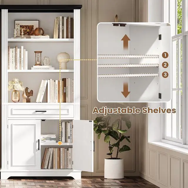 Alt view image 5 of 7 - Farmhouse Bookshelves and Bookcases with Doors and Drawer, Bookshelf with Storage, Floor Standing 6 Shelf Display Storage Shelves 70 in Tall Bookshelf for Home Office, Living Room, White