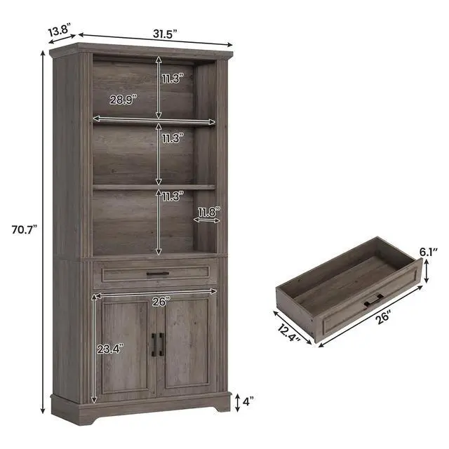 Alt view image 2 of 7 - Farmhouse Bookshelves and Bookcases with Doors and Drawer, Bookshelf with Storage, Floor Standing 6 Shelf Display Storage Shelves 70 in Tall Bookshelf for Home Office, Living Room, Grey