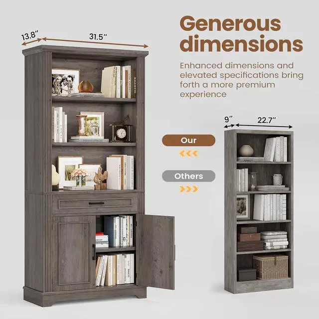 Alt view image 4 of 7 - Farmhouse Bookshelves and Bookcases with Doors and Drawer, Bookshelf with Storage, Floor Standing 6 Shelf Display Storage Shelves 70 in Tall Bookshelf for Home Office, Living Room, Grey