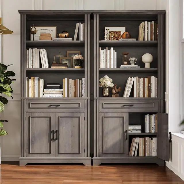 Alt view image 3 of 7 - Farmhouse Bookshelves and Bookcases with Doors and Drawer, Bookshelf with Storage, Floor Standing 6 Shelf Display Storage Shelves 70 in Tall Bookshelf for Home Office, Living Room, Grey