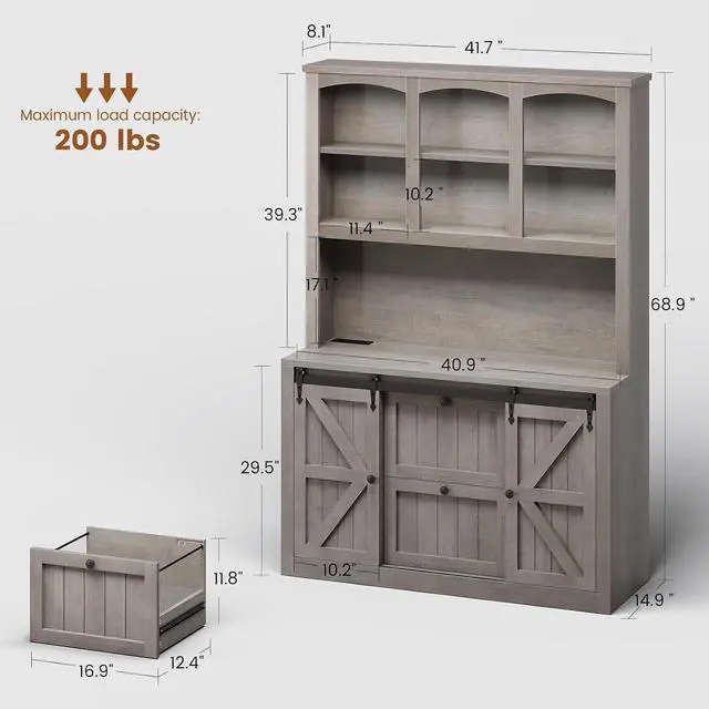Alt view image 2 of 7 - 2 Drawer File Cabinet with Power Strip, 41 Farmhouse Filing Cabinet fits Legal, Letter, A4 Size Files for Home Office, Printer Stand with Storage Shelf, Bar Door and LED Lights (Grey)