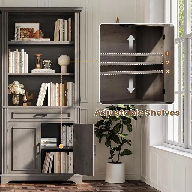 Alt view image 5 of 7 - Farmhouse Bookshelves and Bookcases with Doors and Drawer, Bookshelf with Storage, Floor Standing 6 Shelf Display Storage Shelves 70 in Tall Bookshelf for Home Office, Living Room, Grey
