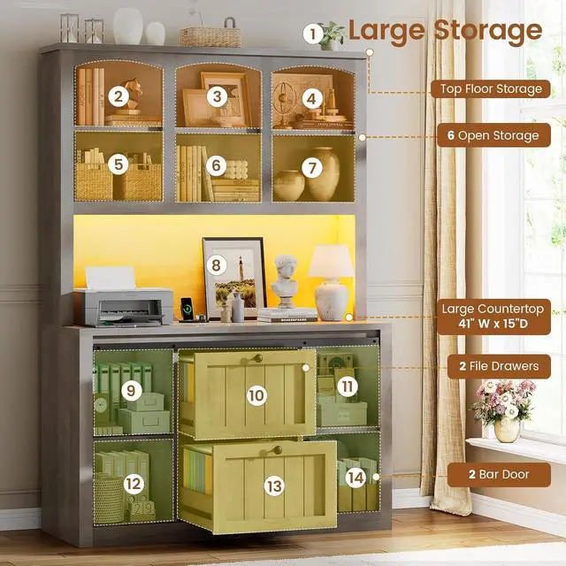 Alt view image 3 of 7 - 2 Drawer File Cabinet with Power Strip, 41 Farmhouse Filing Cabinet fits Legal, Letter, A4 Size Files for Home Office, Printer Stand with Storage Shelf, Bar Door and LED Lights (Grey)