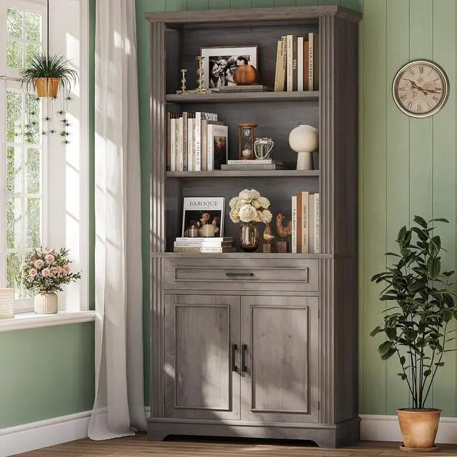 Main image of Farmhouse Bookshelves and Bookcases with Doors and Drawer, Bookshelf with Storage, Floor Standing 6 Shelf Display Storage Shelves 70 in Tall Bookshelf for Home Office, Living Room, Grey