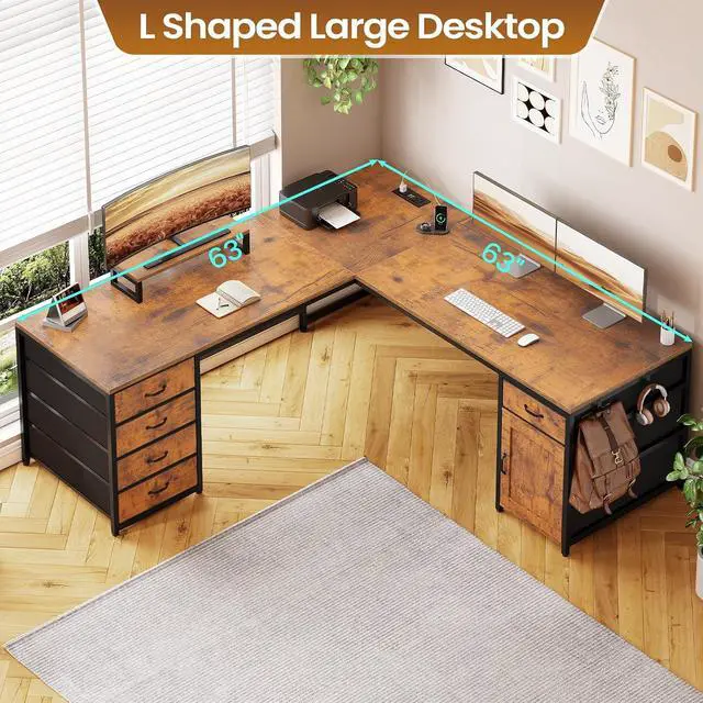 Alt view image 7 of 7 - L Shaped Desk, 63'' Corner Desk with 5 Drawer & Power Outlet, Larger Home Office Desk or Gaming Desk, L Shaped Corner Desk with Monitor Shelf, Storage Cabinet, Rustic Brown