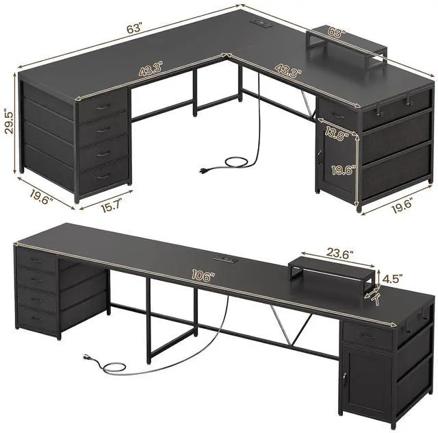 Alt view image 2 of 7 - L Shaped Desk, 63'' Corner Desk with 5 Drawer & Power Outlet, Larger Home Office Desk or Gaming Desk, L Shaped Corner Desk with Monitor Shelf, Storage Cabinet, Black