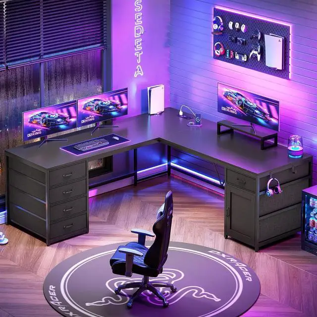Alt view image 3 of 7 - L Shaped Desk, 63'' Corner Desk with 5 Drawer & Power Outlet, Larger Home Office Desk or Gaming Desk, L Shaped Corner Desk with Monitor Shelf, Storage Cabinet, Black