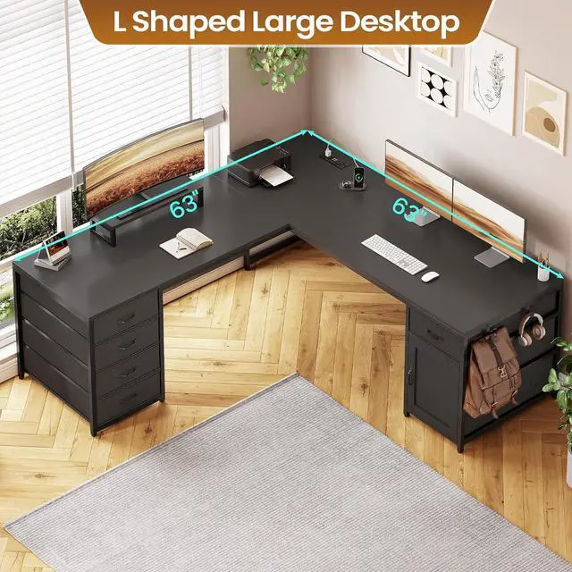 Alt view image 5 of 7 - L Shaped Desk, 63'' Corner Desk with 5 Drawer & Power Outlet, Larger Home Office Desk or Gaming Desk, L Shaped Corner Desk with Monitor Shelf, Storage Cabinet, Black