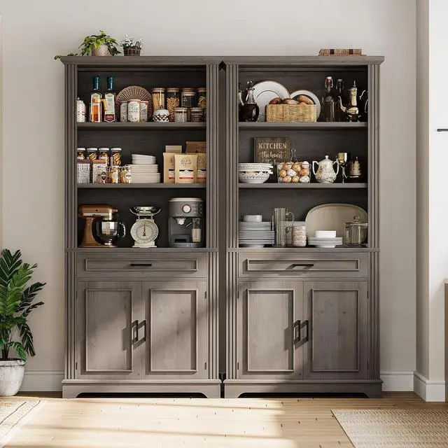 Alt view image 7 of 7 - Farmhouse Bookshelves and Bookcases with Doors and Drawer, Bookshelf with Storage, Floor Standing 6 Shelf Display Storage Shelves 70 in Tall Bookshelf for Home Office, Living Room, Grey