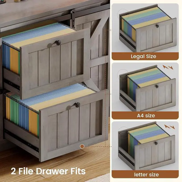 Alt view image 4 of 7 - 2 Drawer File Cabinet with Power Strip, 41 Farmhouse Filing Cabinet fits Legal, Letter, A4 Size Files for Home Office, Printer Stand with Storage Shelf, Bar Door and LED Lights (Grey)