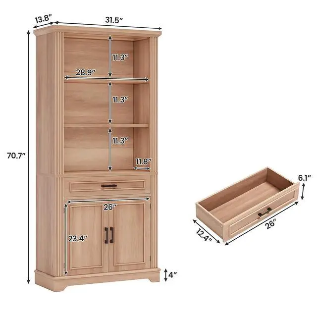Alt view image 2 of 7 - Farmhouse Bookshelves and Bookcases with Doors and Drawer, Bookshelf with Storage, Floor Standing 6 Shelf Display Storage Shelves 70 in Tall Bookshelf for Home Office, Living Room, Oak