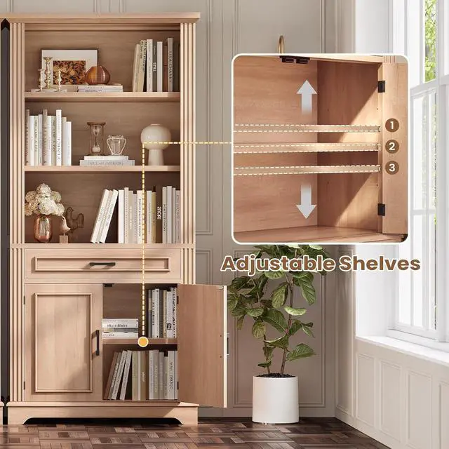 Alt view image 7 of 7 - Farmhouse Bookshelves and Bookcases with Doors and Drawer, Bookshelf with Storage, Floor Standing 6 Shelf Display Storage Shelves 70 in Tall Bookshelf for Home Office, Living Room, Oak