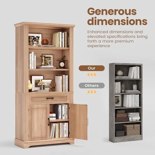 Alt view image 4 of 7 - Farmhouse Bookshelves and Bookcases with Doors and Drawer, Bookshelf with Storage, Floor Standing 6 Shelf Display Storage Shelves 70 in Tall Bookshelf for Home Office, Living Room, Oak
