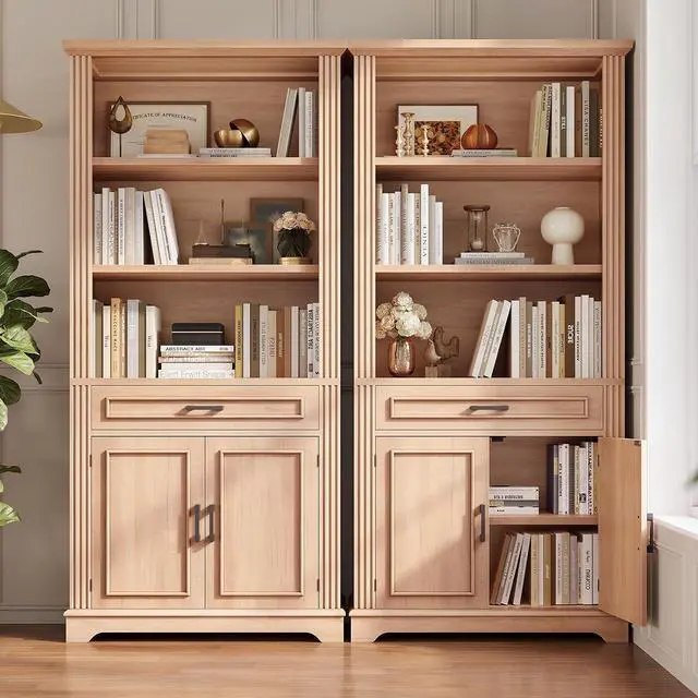 Alt view image 3 of 7 - Farmhouse Bookshelves and Bookcases with Doors and Drawer, Bookshelf with Storage, Floor Standing 6 Shelf Display Storage Shelves 70 in Tall Bookshelf for Home Office, Living Room, Oak