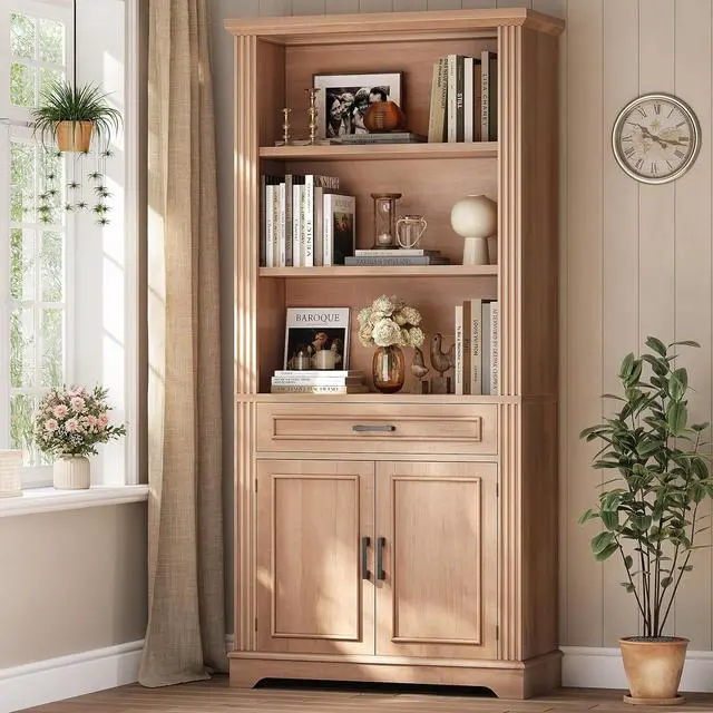 Main image of Farmhouse Bookshelves and Bookcases with Doors and Drawer, Bookshelf with Storage, Floor Standing 6 Shelf Display Storage Shelves 70 in Tall Bookshelf for Home Office, Living Room, Oak