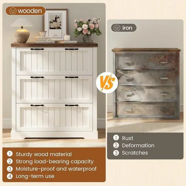 Alt view image 4 of 7 - 3 Drawer File Cabinet, Farmhouse Filing Cabinet for Home Office, Wood Office File Cabinets for Letter/Legal/A4 Size, Lateral File Cabinets with Printer Stand, White + Brown