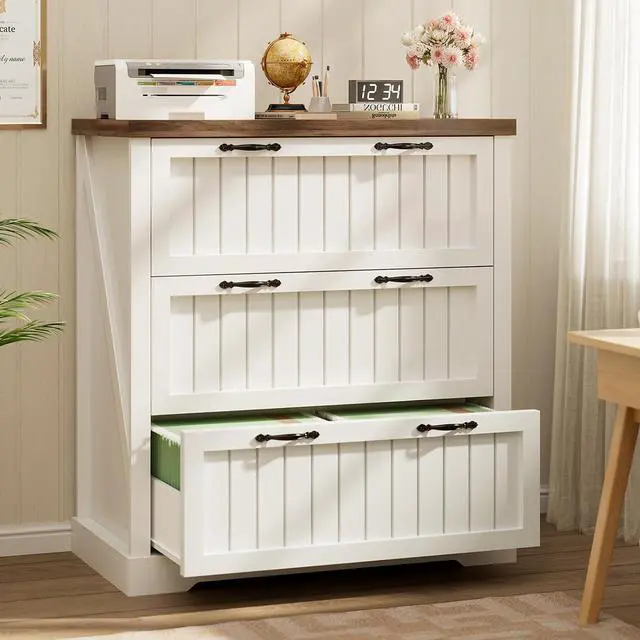 Main image of 3 Drawer File Cabinet, Farmhouse Filing Cabinet for Home Office, Wood Office File Cabinets for Letter/Legal/A4 Size, Lateral File Cabinets with Printer Stand, White + Brown