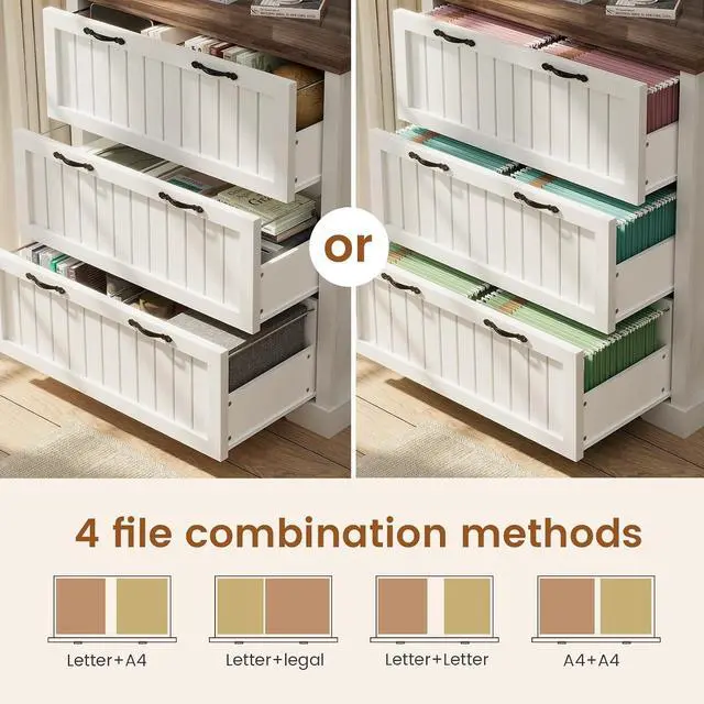 Alt view image 3 of 7 - 3 Drawer File Cabinet, Farmhouse Filing Cabinet for Home Office, Wood Office File Cabinets for Letter/Legal/A4 Size, Lateral File Cabinets with Printer Stand, White + Brown