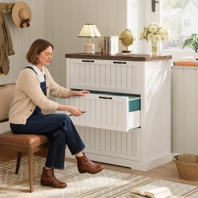 Alt view image 5 of 7 - 3 Drawer File Cabinet, Farmhouse Filing Cabinet for Home Office, Wood Office File Cabinets for Letter/Legal/A4 Size, Lateral File Cabinets with Printer Stand, White + Brown