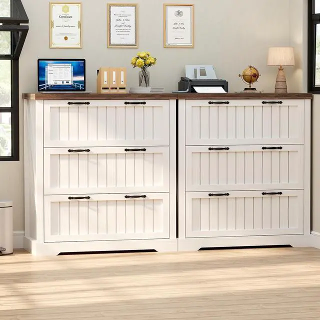 Alt view image 6 of 7 - 3 Drawer File Cabinet, Farmhouse Filing Cabinet for Home Office, Wood Office File Cabinets for Letter/Legal/A4 Size, Lateral File Cabinets with Printer Stand, White + Brown