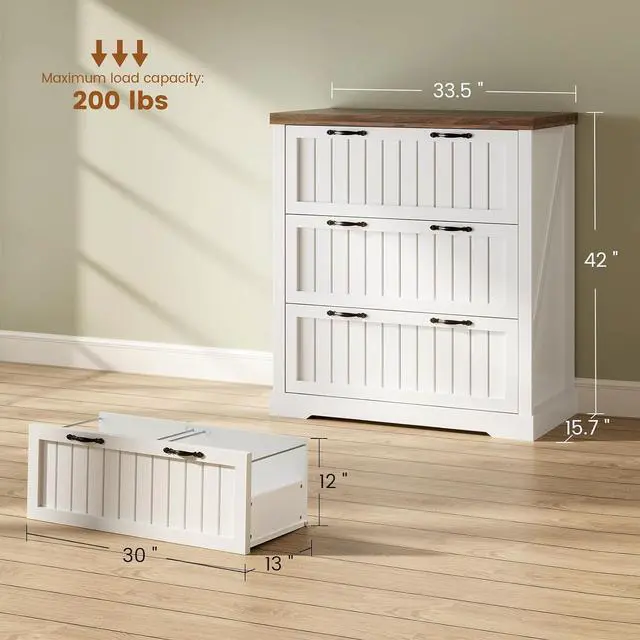 Alt view image 2 of 7 - 3 Drawer File Cabinet, Farmhouse Filing Cabinet for Home Office, Wood Office File Cabinets for Letter/Legal/A4 Size, Lateral File Cabinets with Printer Stand, White + Brown