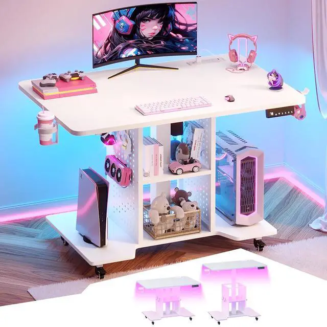 Main image of Small Standing Gaming Desk, 31.5" Rolling Computer PC Desk Electric Height Adjustable with Power Outlet, Pegboard & Storage Shelves, RGB LED Light, for Small Spaces/Bedroom/Gaming, White