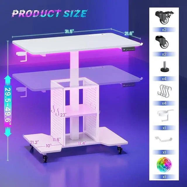 Alt view image 2 of 7 - Small Standing Gaming Desk, 31.5" Rolling Computer PC Desk Electric Height Adjustable with Power Outlet, Pegboard & Storage Shelves, RGB LED Light, for Small Spaces/Bedroom/Gaming, White