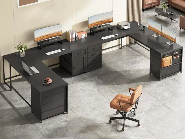 Alt view image 7 of 7 - L Shaped Desk, 63'' Corner Desk with 5 Drawer & Power Outlet, Larger Home Office Desk or Gaming Desk, L Shaped Corner Desk with Monitor Shelf, Storage Cabinet, Black