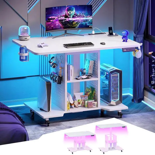 Alt view image 3 of 7 - Small Standing Gaming Desk, 31.5" Rolling Computer PC Desk Electric Height Adjustable with Power Outlet, Pegboard & Storage Shelves, RGB LED Light, for Small Spaces/Bedroom/Gaming, White