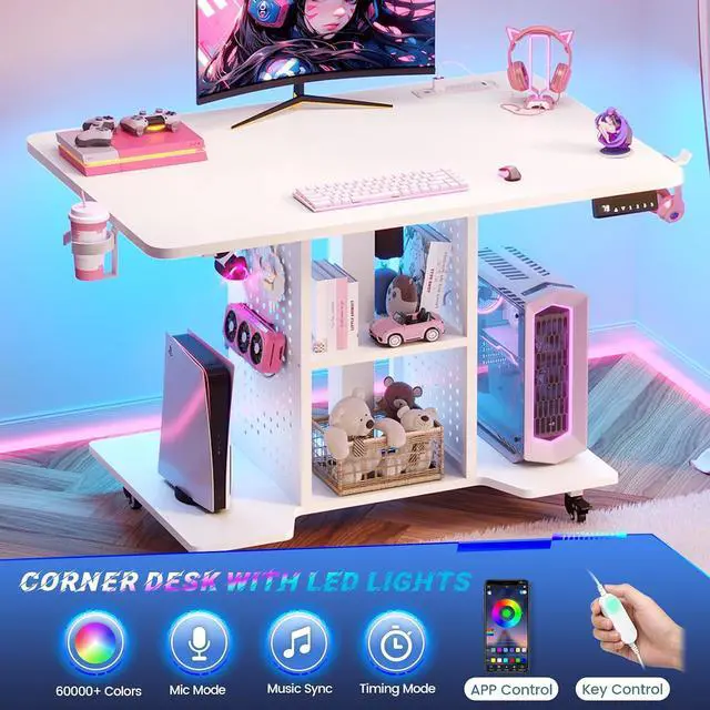 Alt view image 6 of 7 - Small Standing Gaming Desk, 31.5" Rolling Computer PC Desk Electric Height Adjustable with Power Outlet, Pegboard & Storage Shelves, RGB LED Light, for Small Spaces/Bedroom/Gaming, White