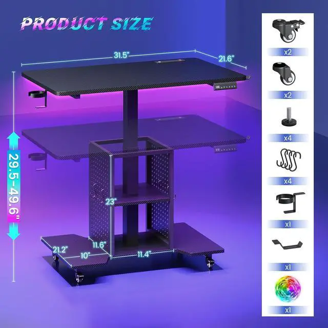 Alt view image 2 of 7 - Small Standing Gaming Desk, 31.5" Rolling Computer PC Desk Height Adjustable with Power Outlet, Pegboard & Storage Shelves, RGB LED Light, for Small Spaces/Bedroom/Gaming, Carbon Fiber Black